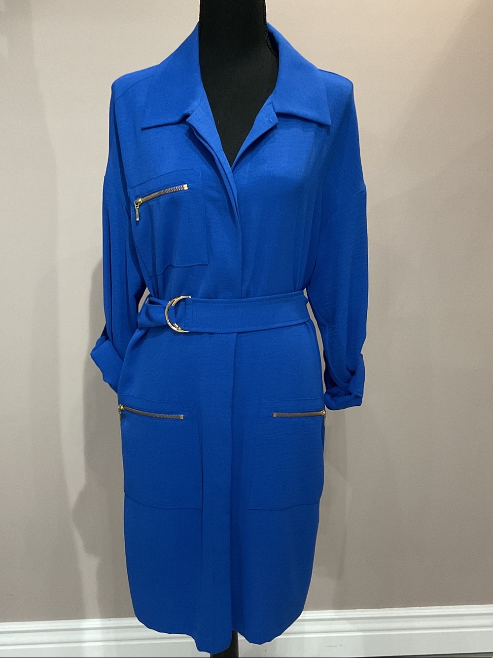 Iris Setlakwe Royal Blue Belted Shirt Dress with Gold Zippers